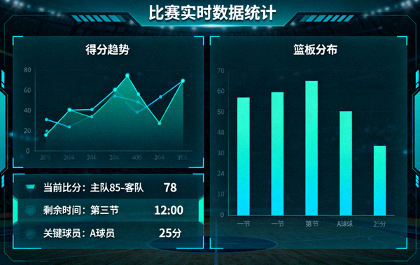 体育数据分析界面中显示的比赛统计图表与数据看板
